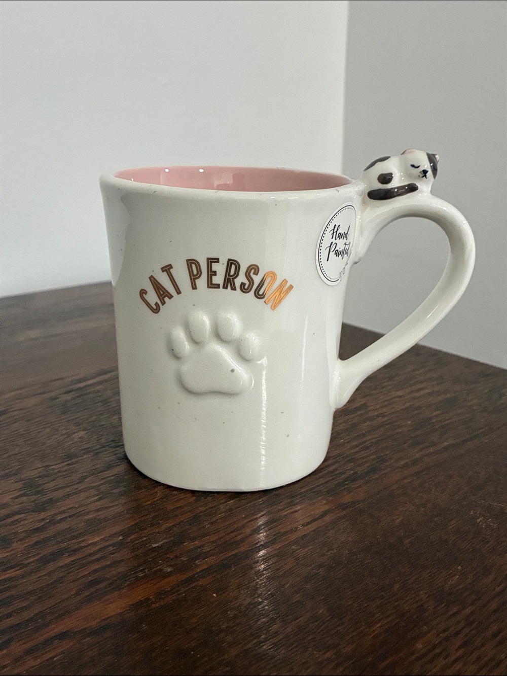 NWT- 18oz- Hand Painted- Double Sided CAT PERSON 🐾 Ceramic Mug w/ Sculpted Cat